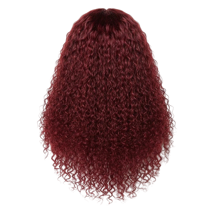 Yoyo Crown 13x4 burgundy lace front wig with long, soft, flowing curls and a natural, realistic hairline.