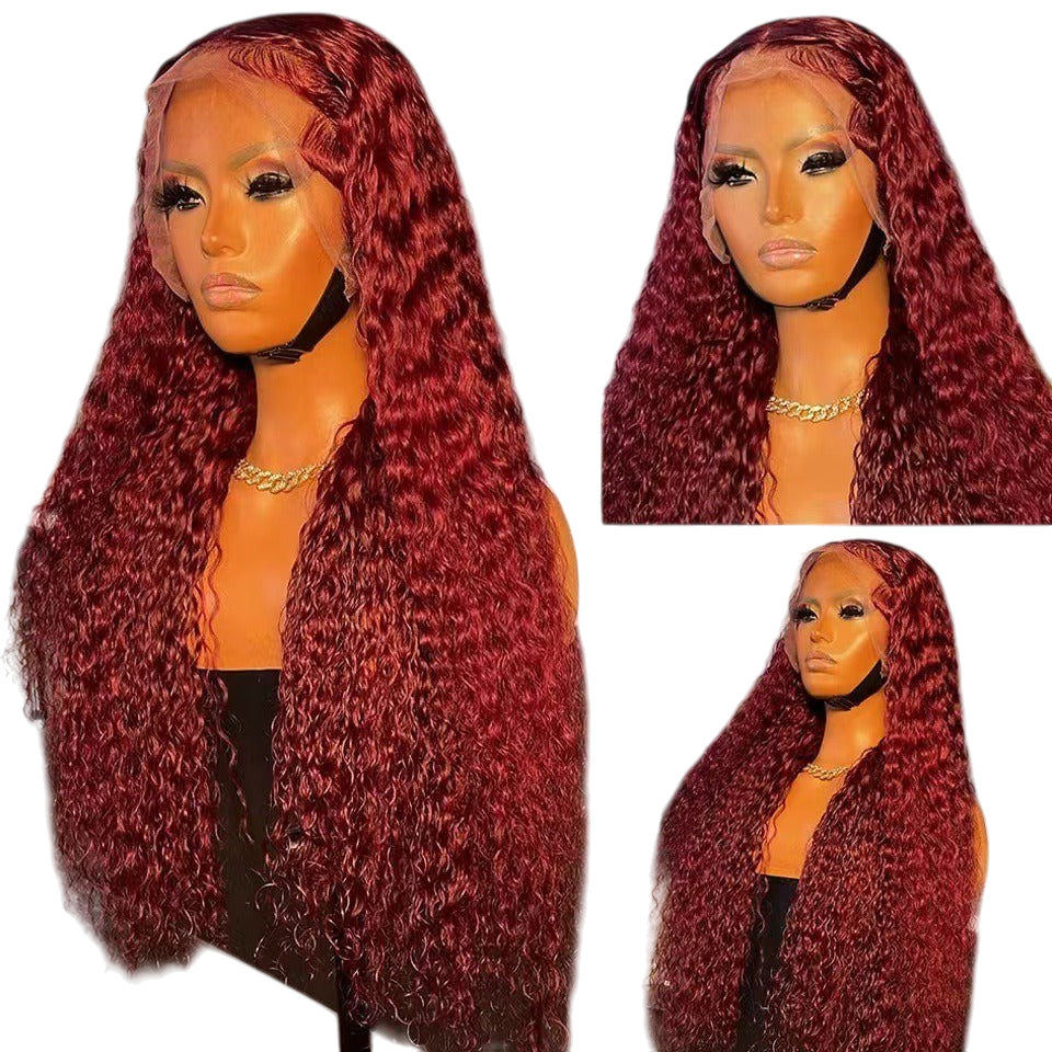 Yoyo Crown burgundy 13x4 lace front wig with long curly synthetic hair and a natural seamless hairline