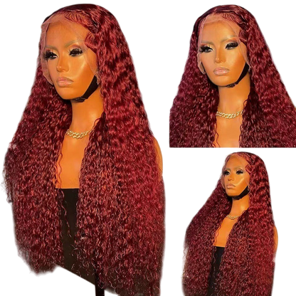 Yoyo Crown burgundy 13x4 lace front wig with long curly synthetic hair and a natural seamless hairline