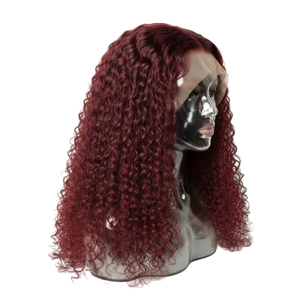 Yoyo Crown burgundy 13x4 lace front wig with deep curly texture on a mannequin head