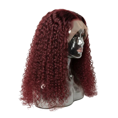 Yoyo Crown burgundy 13x4 lace front wig with deep curly texture on a mannequin head