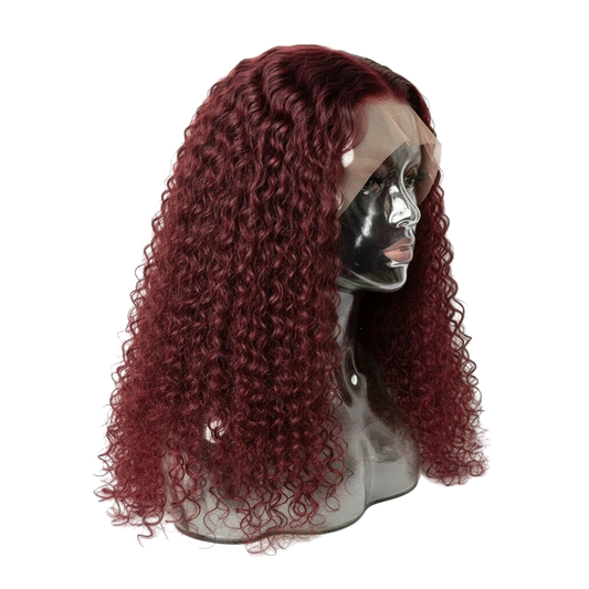 Yoyo Crown burgundy 13x4 lace front wig with deep curly texture on a mannequin head