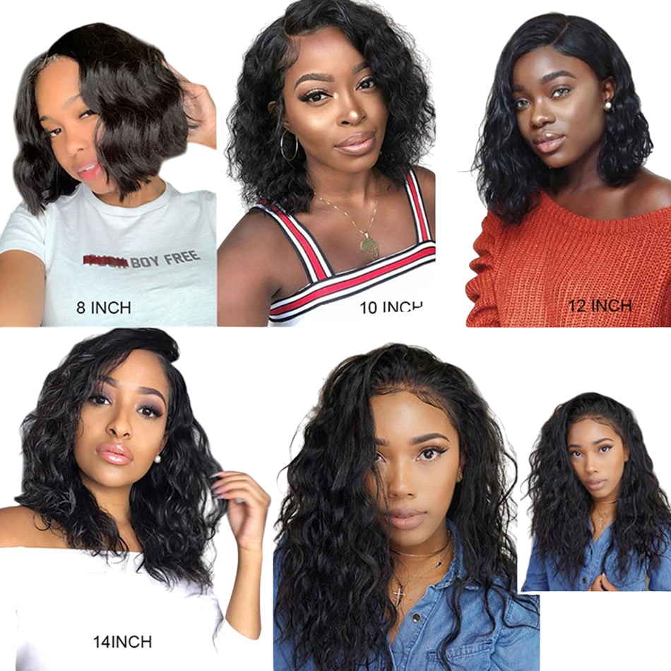 Yoyo Crown short curly bob lace front wig with bangs shown in various lengths on a model for a versatile style