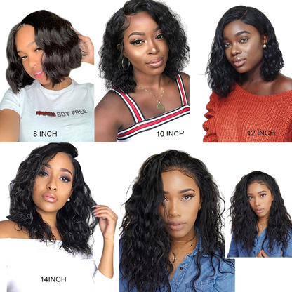 Yoyo Crown short curly bob lace front wig with bangs shown in various lengths on a model for a versatile style