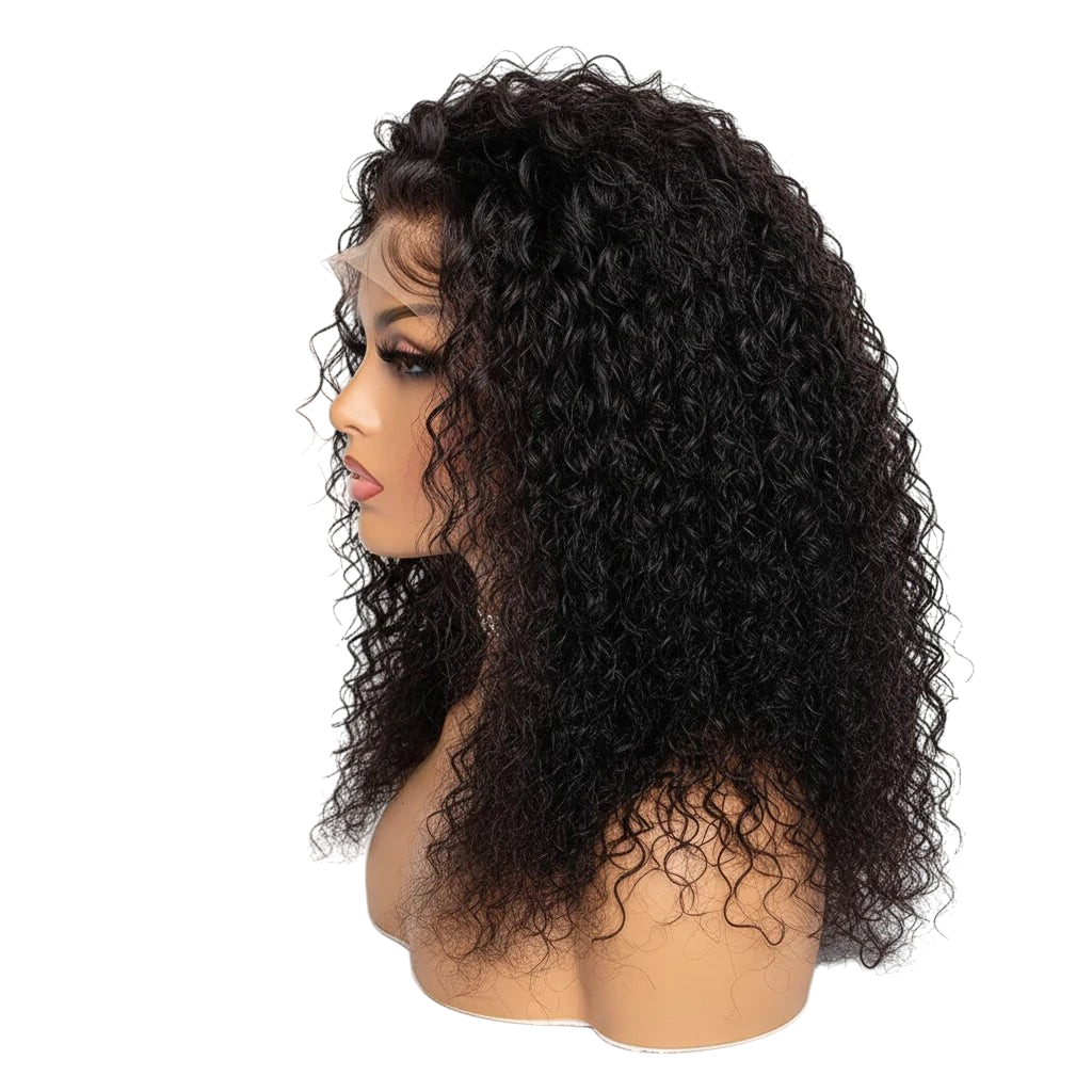 Yoyo Crown black curly lace front human hair wig on a mannequin head showing a side profile view