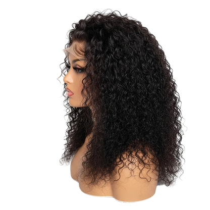 Yoyo Crown black curly lace front human hair wig on a mannequin head showing a side profile view