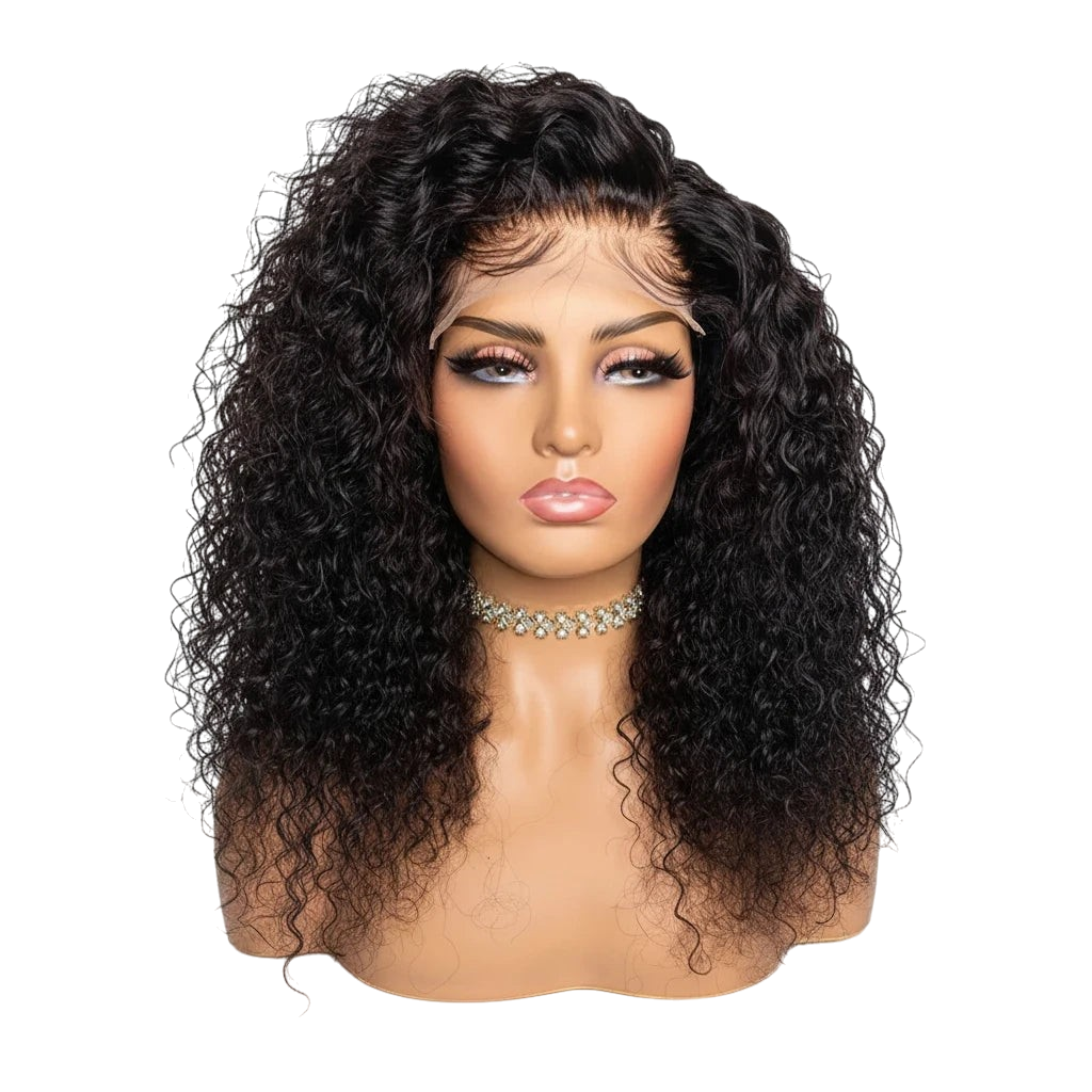 Yoyo Crown black curly lace front human hair wig on a mannequin head with a natural hairline and voluminous curls