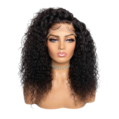 Yoyo Crown black curly lace front human hair wig on a mannequin head with a natural hairline and voluminous curls