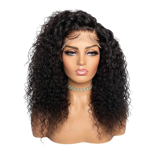 Yoyo Crown black curly lace front human hair wig on a mannequin head with a natural hairline and voluminous curls