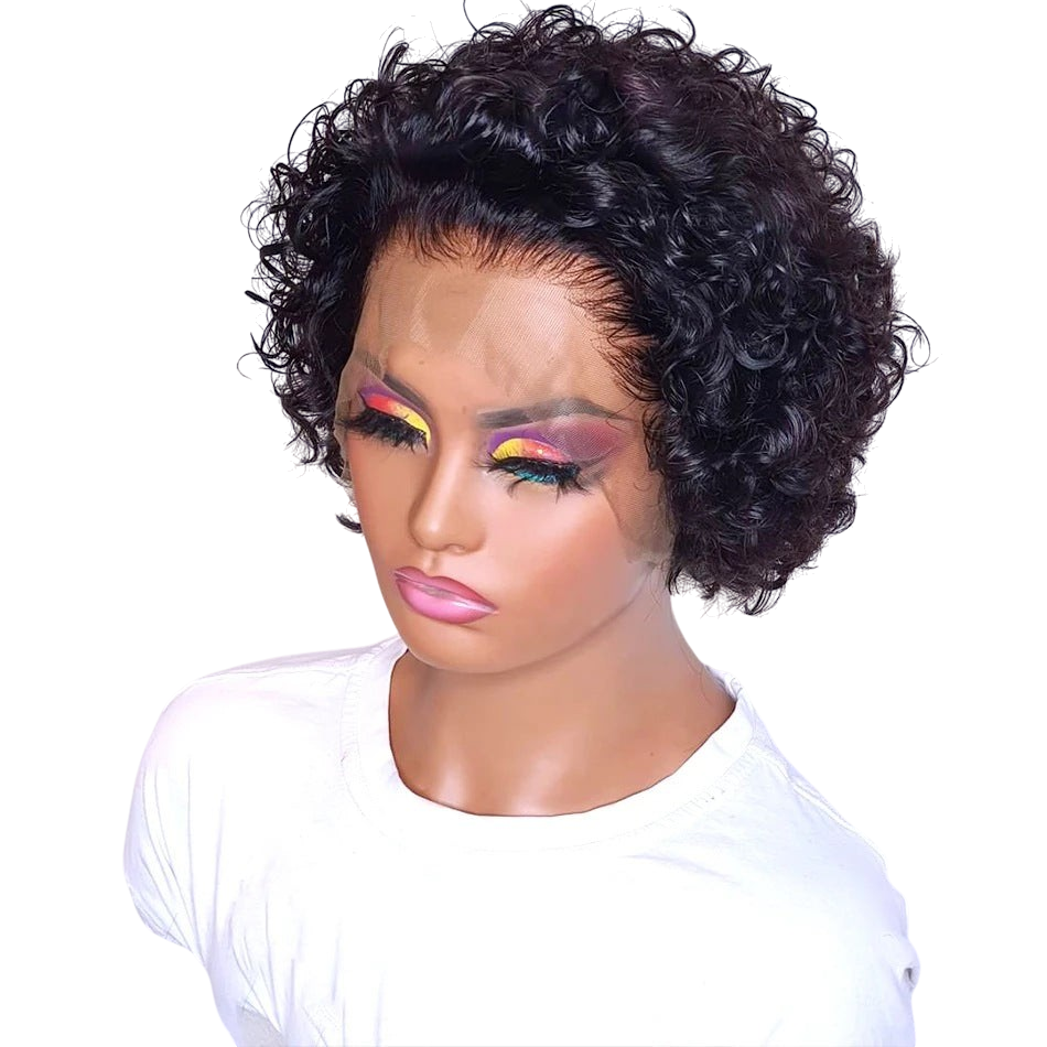 Yoyo Crown short curly pixie lace front human hair wig on a mannequin with colorful eyeshadow