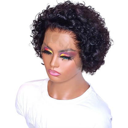 Yoyo Crown short curly pixie lace front human hair wig on a mannequin with colorful eyeshadow