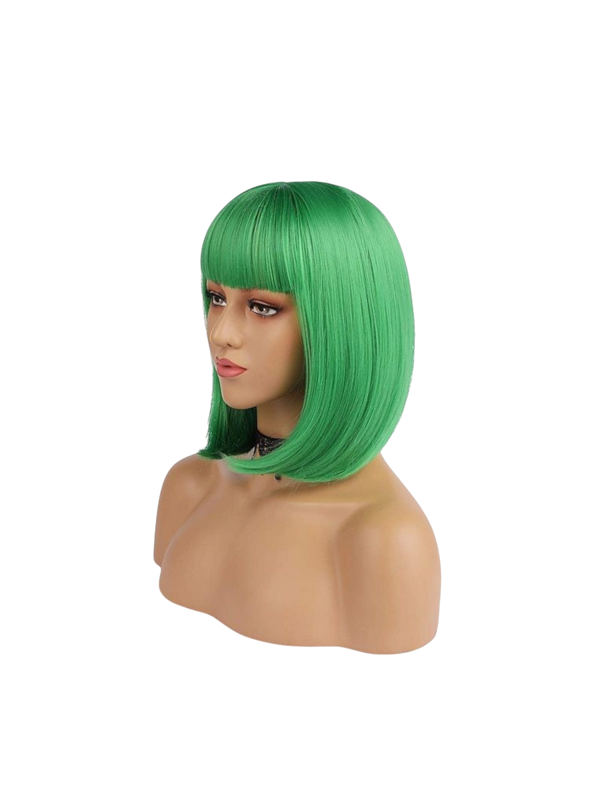 Yoyo Crown vibrant green synthetic short bob wig with straight bangs on a mannequin head