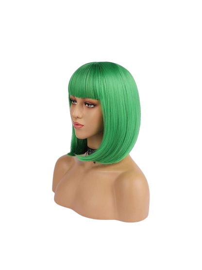 Yoyo Crown vibrant green synthetic short bob wig with straight bangs on a mannequin head