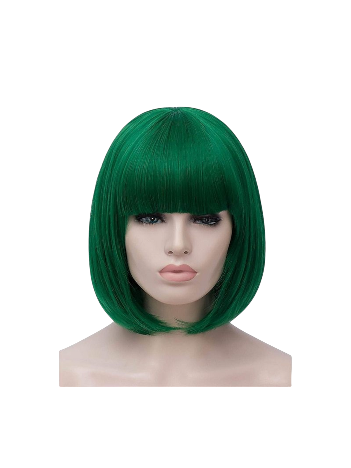 Yoyo Crown vibrant green synthetic short bob wig with straight bangs on a mannequin head