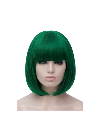 Yoyo Crown vibrant green synthetic short bob wig with straight bangs on a mannequin head