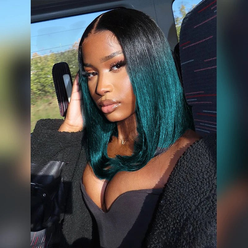 Yoyo Crown straight lace front bob wig featuring a black to dark green ombre color transition on a model