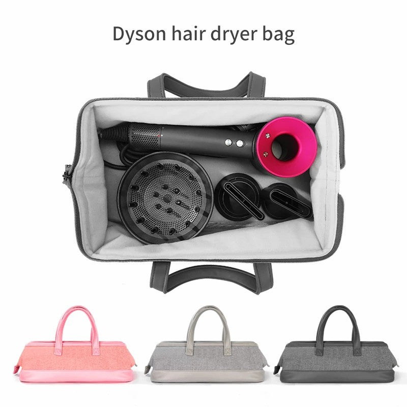 Yoyo Crown hair dryer storage bag with plush interior, holding a hair dryer and attachments, available in three colors.