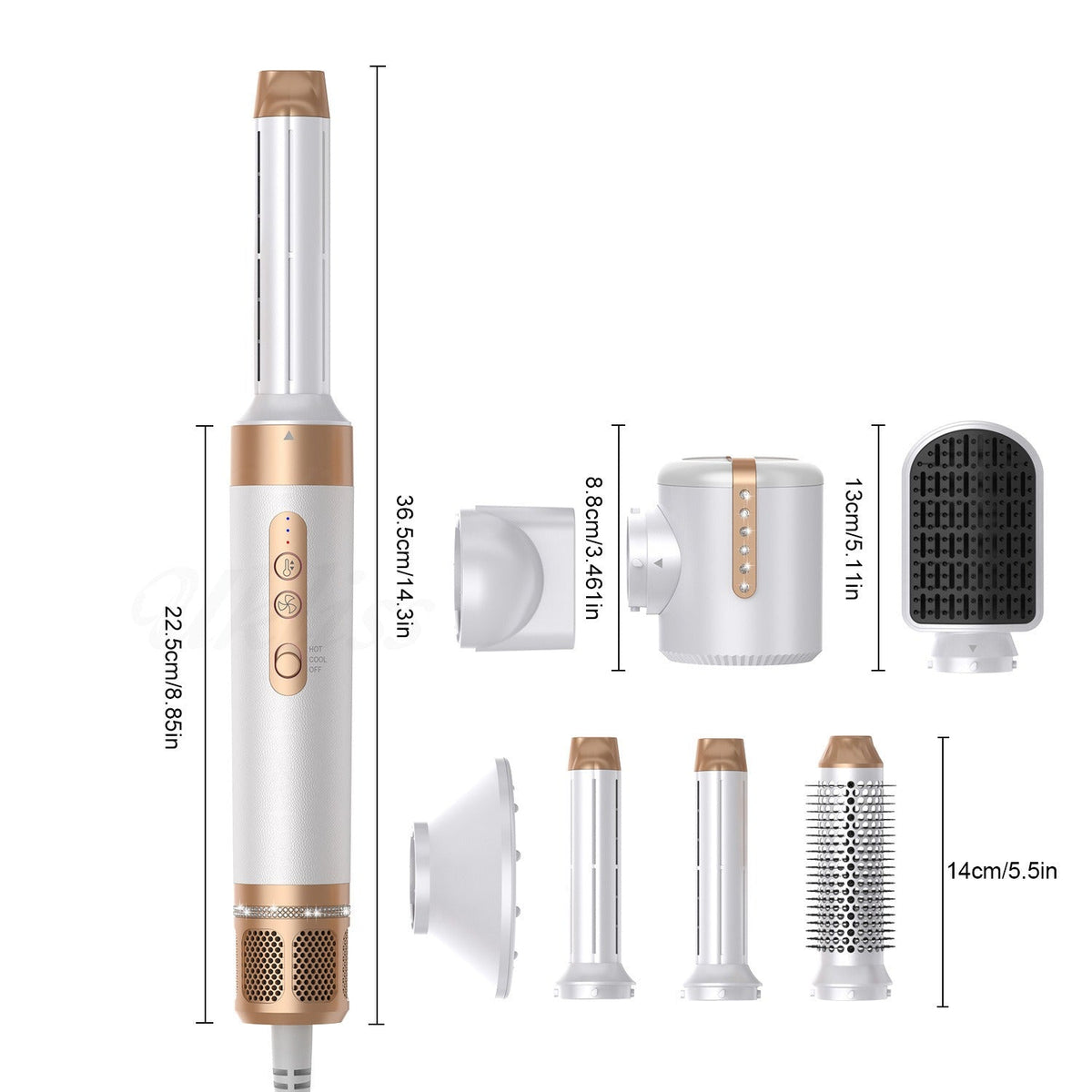 Yoyo Crown 7-in-1 professional hair styling set in platinum with multiple attachments and dimensions displayed