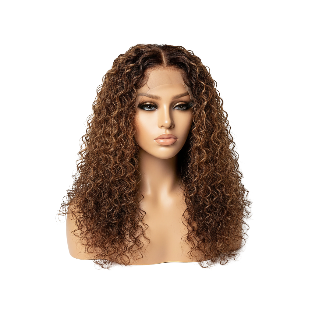Yoyo Crown honey blonde water wave lace front wig on a mannequin head with a pre-plucked hairline and baby hairs.