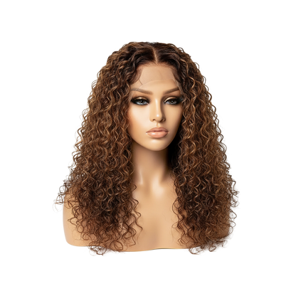 Yoyo Crown honey blonde water wave lace front wig on a mannequin head with a pre-plucked hairline and baby hairs.
