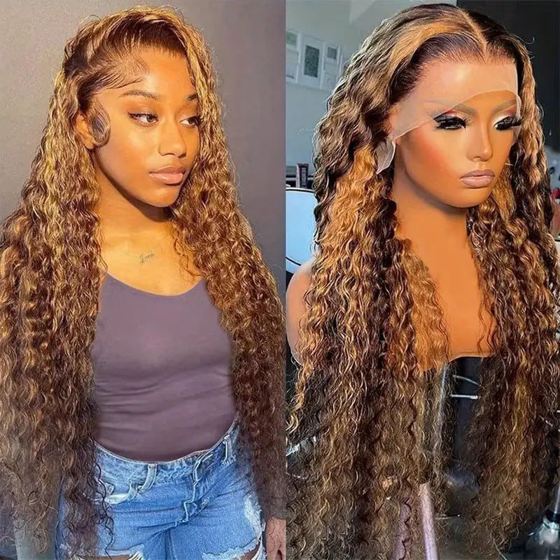 Yoyo Crown long honey blonde water wave lace front human hair wig with pre-plucked hairline and natural baby hairs.