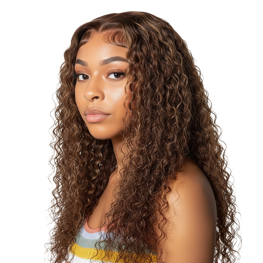Yoyo Crown long honey blonde water wave lace front human hair wig worn by a model with a natural pre-plucked hairline