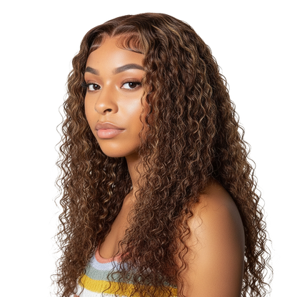 Yoyo Crown long honey blonde water wave lace front human hair wig worn by a model with a natural pre-plucked hairline