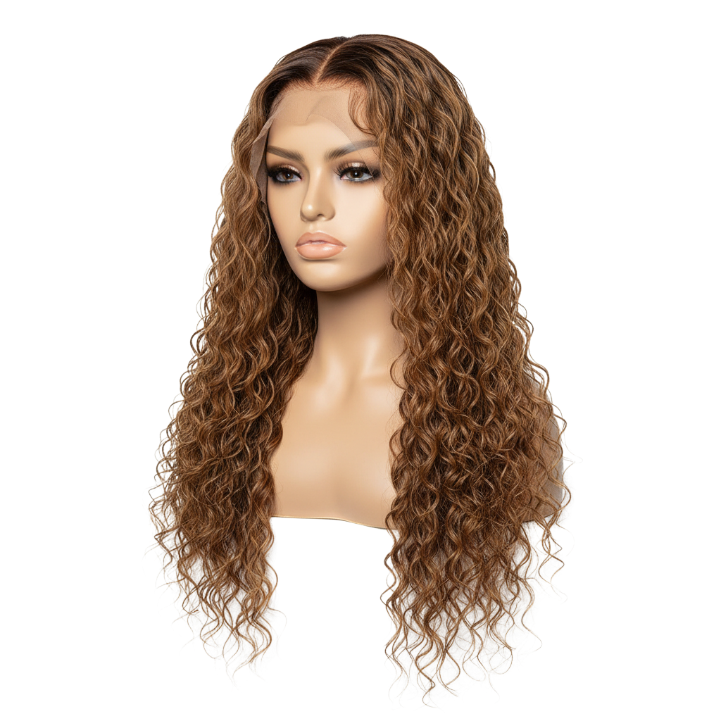 Yoyo Crown honey blonde water wave lace front wig on a mannequin head with a pre-plucked hairline