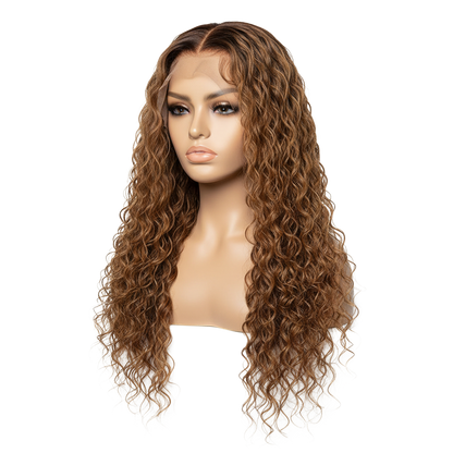 Yoyo Crown honey blonde water wave lace front wig on a mannequin head with a pre-plucked hairline