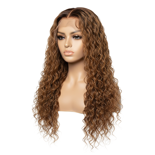 Yoyo Crown honey blonde water wave lace front wig on a mannequin head with a pre-plucked hairline