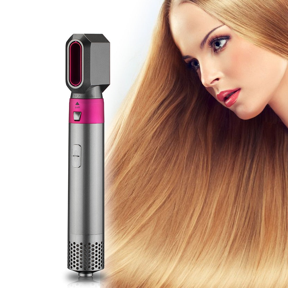 Yoyo Crown 5-in-1 professional hot-air styling brush in grey and pink, shown next to a woman with smooth blonde hair.