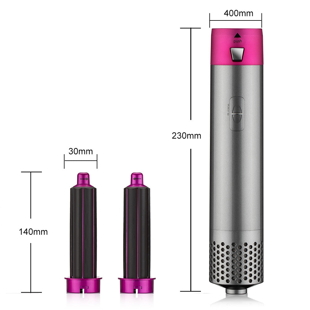 Yoyo Crown 5-in-1 hot-air styling brush with grey handle and two 30mm pink curling barrel attachments on white background
