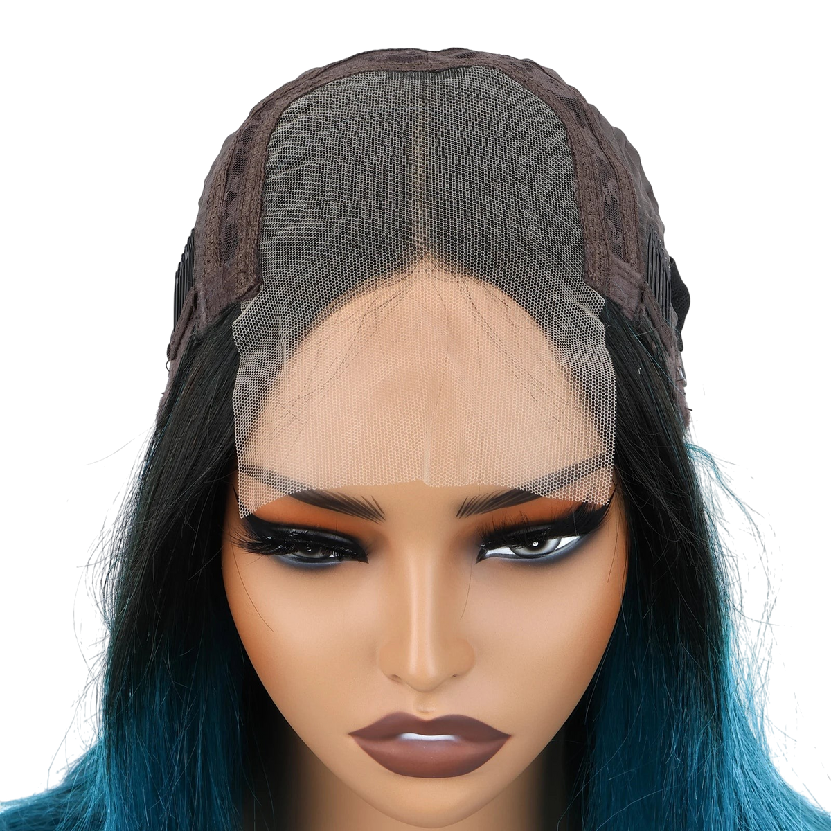Yoyo Crown bob wig with 4x4 lace closure showing black roots transitioning to dark green ombre on a mannequin head