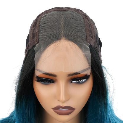 Yoyo Crown bob wig with 4x4 lace closure showing black roots transitioning to dark green ombre on a mannequin head
