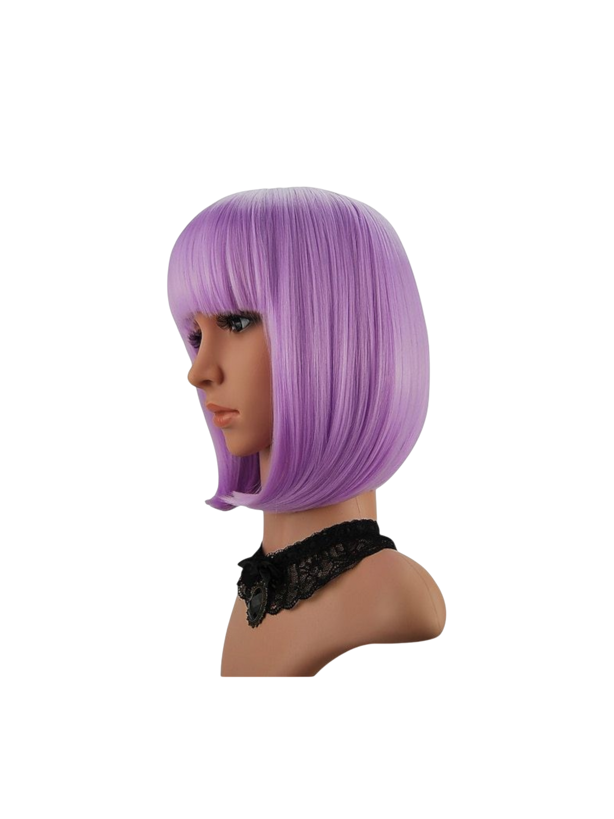 Yoyo Crown lavender purple synthetic short bob wig with straight bangs on a mannequin head