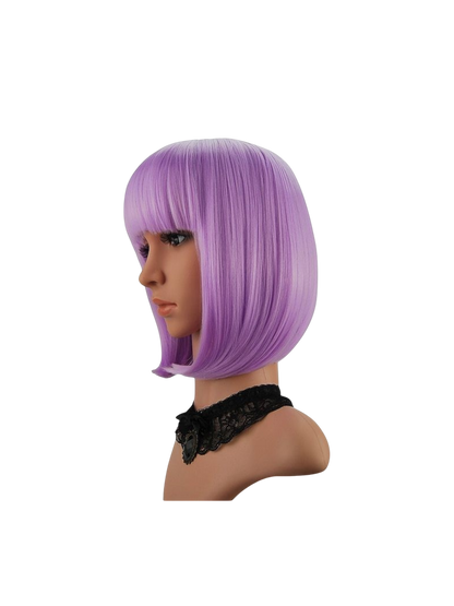Yoyo Crown lavender purple synthetic short bob wig with straight bangs on a mannequin head
