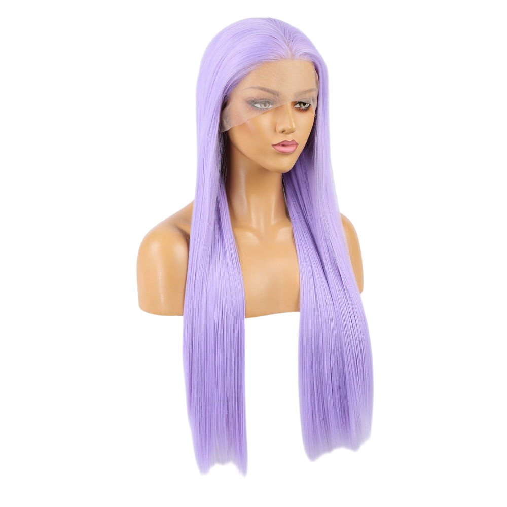 Yoyo Crown long straight light purple lace front wig on a mannequin head with a natural matte finish