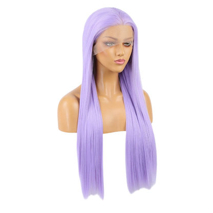 Yoyo Crown long straight light purple lace front wig on a mannequin head with a natural matte finish
