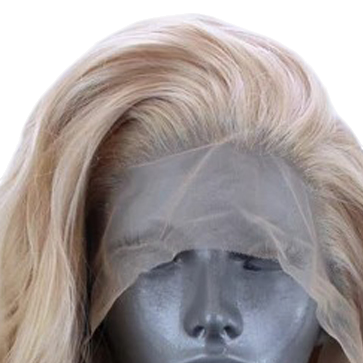 Yoyo Crown linen-blonde long wavy synthetic lace front wig with a realistic, seamless hairline on a mannequin head.