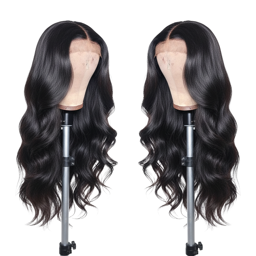 Yoyo Crown long jet-black body wave lace front human hair wig on a mannequin head