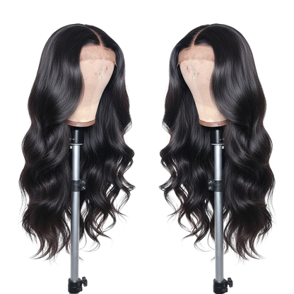 Yoyo Crown long jet-black body wave lace front human hair wig on a mannequin head