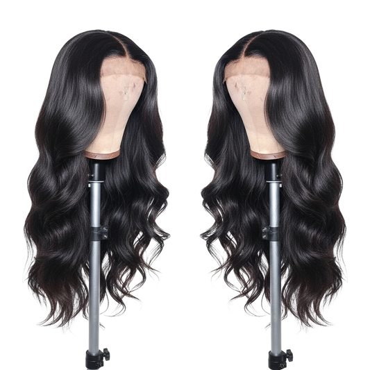 Yoyo Crown long jet-black body wave lace front human hair wig on a mannequin head