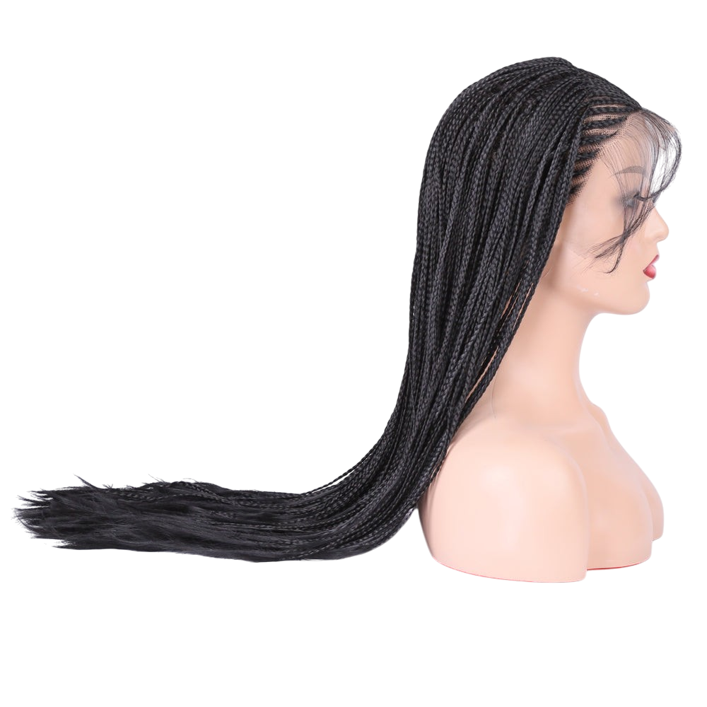 Yoyo Crown long black synthetic wig with intricate box braids on a mannequin head, side profile view.