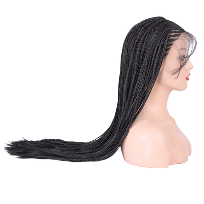 Yoyo Crown long black synthetic wig with intricate box braids on a mannequin head, side profile view.