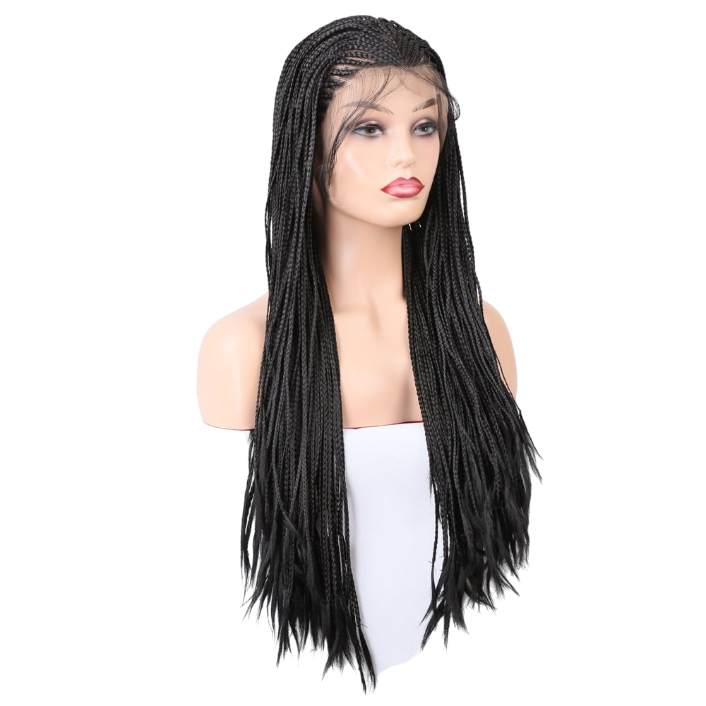 Yoyo Crown long black synthetic wig featuring intricate box braids on a mannequin head