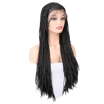 Yoyo Crown long black synthetic wig featuring intricate box braids on a mannequin head