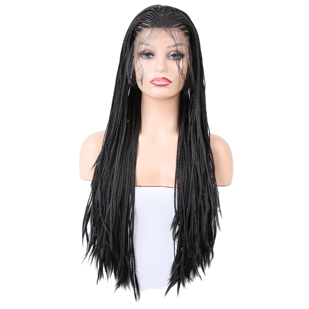 Yoyo Crown long black synthetic wig with intricate box braids on a mannequin head, featuring a natural lace front.