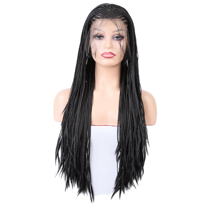 Yoyo Crown long black synthetic wig with intricate box braids on a mannequin head, featuring a natural lace front.