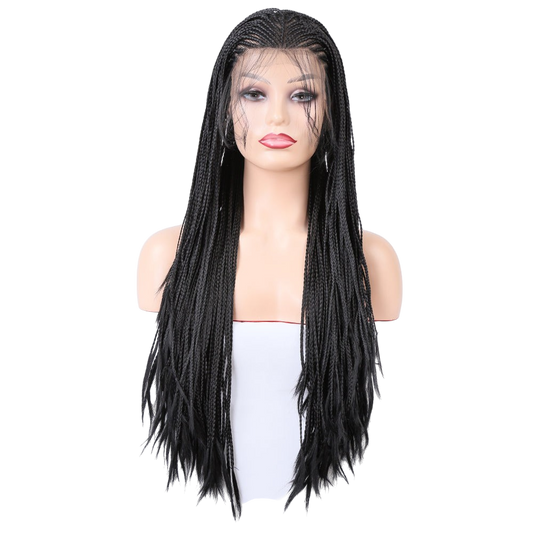Yoyo Crown long black synthetic wig with intricate box braids on a mannequin head, featuring a natural lace front.