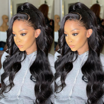 Yoyo Crown long body wave wig with brown highlights worn by a woman in a grey hoodie
